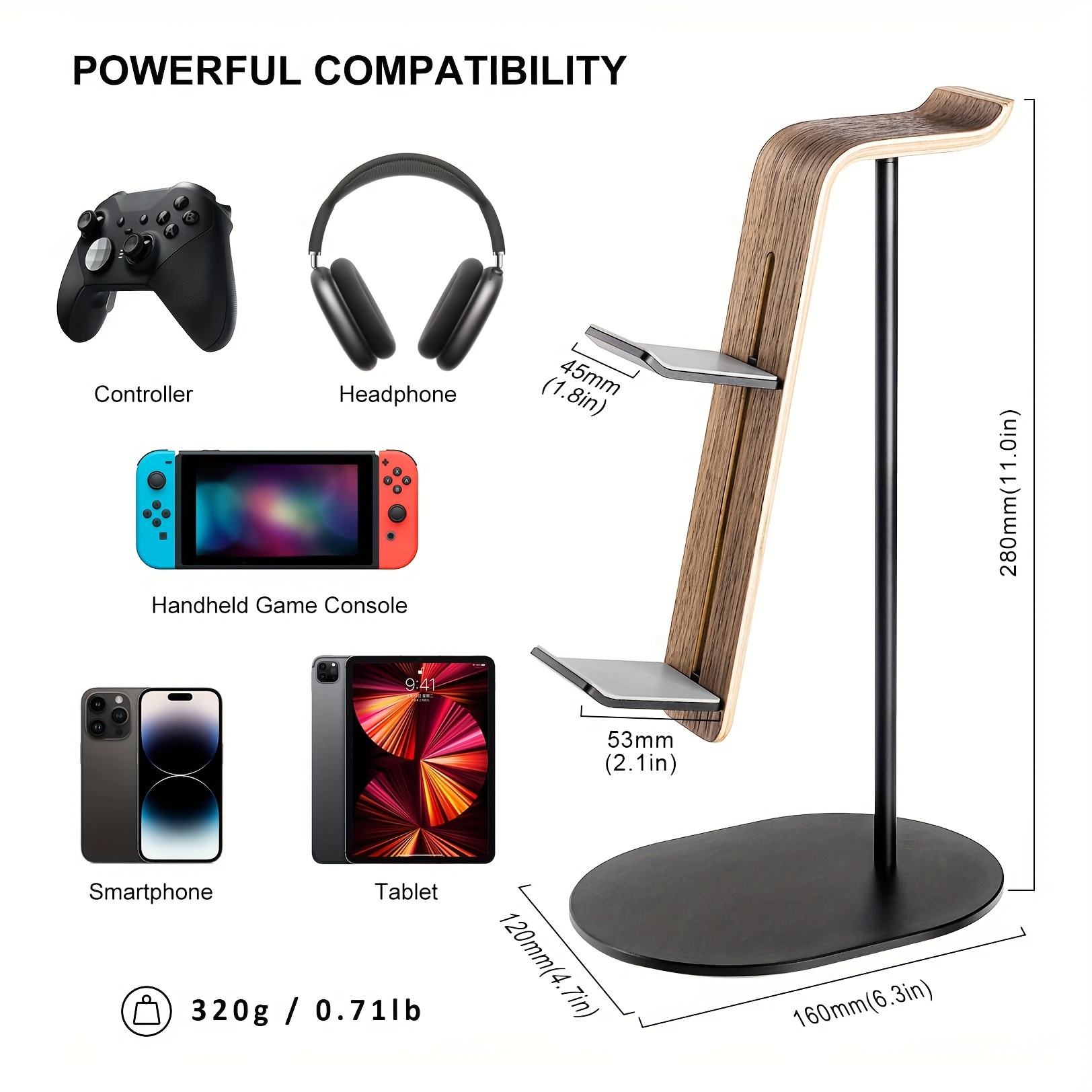 Tech Accessories Desk - Wooden Controller & Headset Holder, Universal